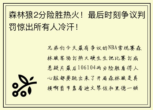 森林狼2分险胜热火！最后时刻争议判罚惊出所有人冷汗！