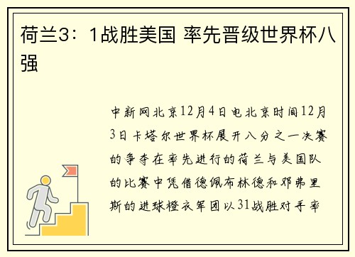 荷兰3：1战胜美国 率先晋级世界杯八强